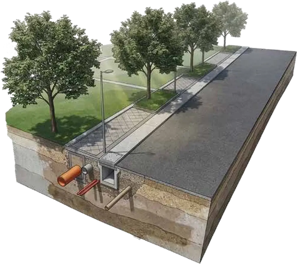 Cutaway of an Aura Ville road: tree-lined avenue, LED street lights, paved pathways and, below the surface, storm water drains, underground drainage, electrical lines, borewell feeder mains and domestic water supply